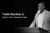 Graphic: Voddie Baucham Ministries (Facebook) Black and white photo depicts Pastor Voddie Baucham behind a pulpit