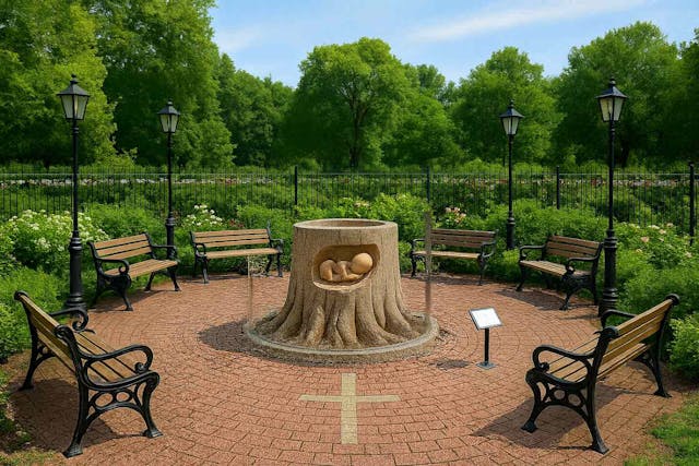 photo of garden of remembrance encircled by park benches