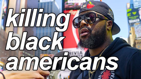 black man in sweatshirt, wearing black hat and sunglasses, caption: killing black americans