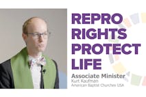 Image shows Associate Minister Kurt Kaufman with a green stole and colorful bow-tie, with a caption "Repro Rights Protect Life."