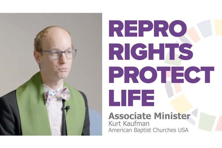 Image shows Associate Minister Kurt Kaufman with a green stole and colorful bow-tie, with a caption "Repro Rights Protect Life."