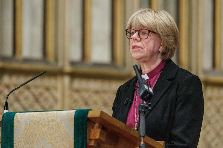 KENT, UNITED KINGDOM - OCTOBER 3: (----EDITORIAL USE ONLY MANDATORY CREDIT - ' NEIL TURNER FOR LAMBETH PALACE / HANDOUT' - NO MARKETING NO ADVERTISING CAMPAIGNS - DISTRIBUTED AS A SERVICE TO CLIENTS----) The Archbishop of Canterbury-designate, The Rt Revd and Rt Hon Dame Sarah Mullally gives a speech at the Canterbury Cathedral before the official announcement of her new role on October 3, 2025 in Canterbury, Kent, United Kingdom.