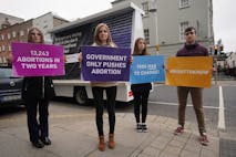Photo by Niall Carson/PA Images via Getty Images L-R Kiley Jones, Eva Conroy, Brid Stritch and Peter Grenhan of the Pro Life Campaign taking part in an awareness event outside Leinster House in Dublin to launch a report, "Ireland's Abortion Law: End the Silence" which focuses on the Government's three year review of the abortion law. Picture date: Monday November 22, 2021.