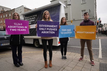 L-R Kiley Jones, Eva Conroy, Brid Stritch and Peter Grenhan of the Pro Life Campaign taking part in an awareness event outside Leinster House in Dublin to launch a report, "Ireland's Abortion Law: End the Silence" which focuses on the Government's three year review of the abortion law. Picture date: Monday November 22, 2021.
