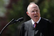 WASHINGTON, DC - APRIL 10: U.S. Supreme Court Associate Justice Anthony Kennedy delivers remarks before administering the judicial oath to Judge Neil Gorsuch during a ceremony in the Rose Garden at the White House April 10, 2017 in Washington, DC. Earlier in the day Gorsuch, 49, was sworn in as the 113th Associate Justice in a private ceremony at the Supreme Court.