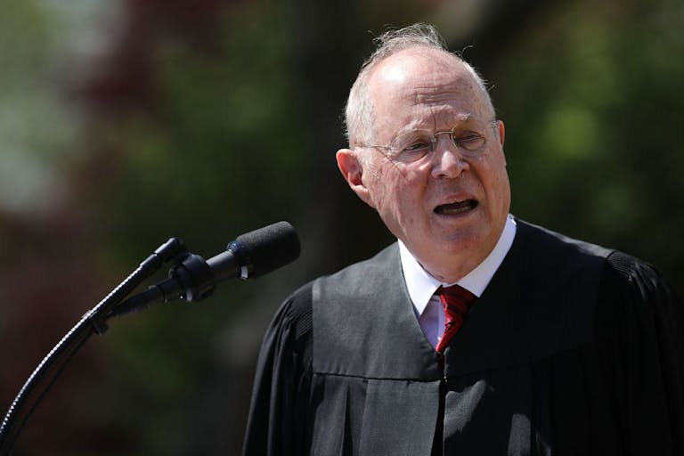 WASHINGTON, DC - APRIL 10: U.S. Supreme Court Associate Justice Anthony Kennedy delivers remarks before administering the judicial oath to Judge Neil Gorsuch during a ceremony in the Rose Garden at the White House April 10, 2017 in Washington, DC. Earlier in the day Gorsuch, 49, was sworn in as the 113th Associate Justice in a private ceremony at the Supreme Court.