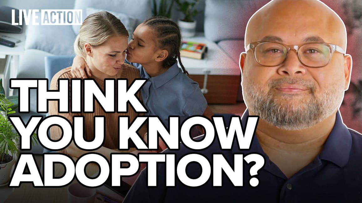 Left side: boy kissing mother's cheek, right side: Steventhen Holland, caption: Think you know adoption?