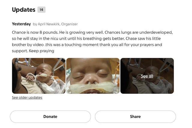 Screenshot: GoFundMe support page for Adriana Smith post from 10/14/25 updating about baby Chance, Adriana Smith's son