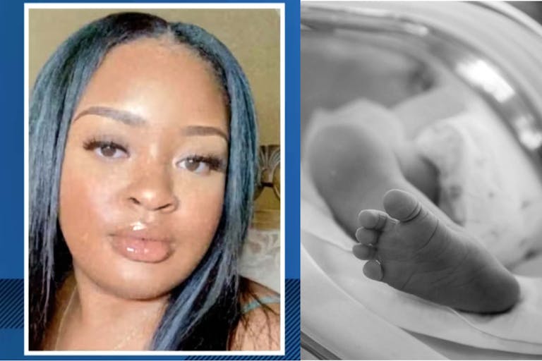 Screenshot/stock photo: 11Alive, Getty Images (Kittimages) photo of Adriana Smith next to stock photo of infant foot in NICU