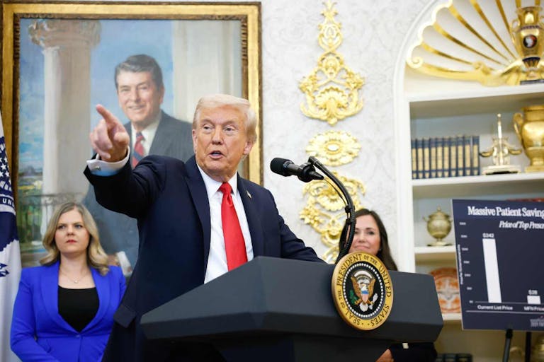 WASHINGTON, DC - OCTOBER 16: U.S. President Donald Trump answers questions from reporters during an event in the Oval Office of the White House on October 16, 2025 in Washington, DC. Trump outlined plans to expand vitro fertilization (IVF) access by encouraging workplace benefits to include access to IVF and infertility coverage.