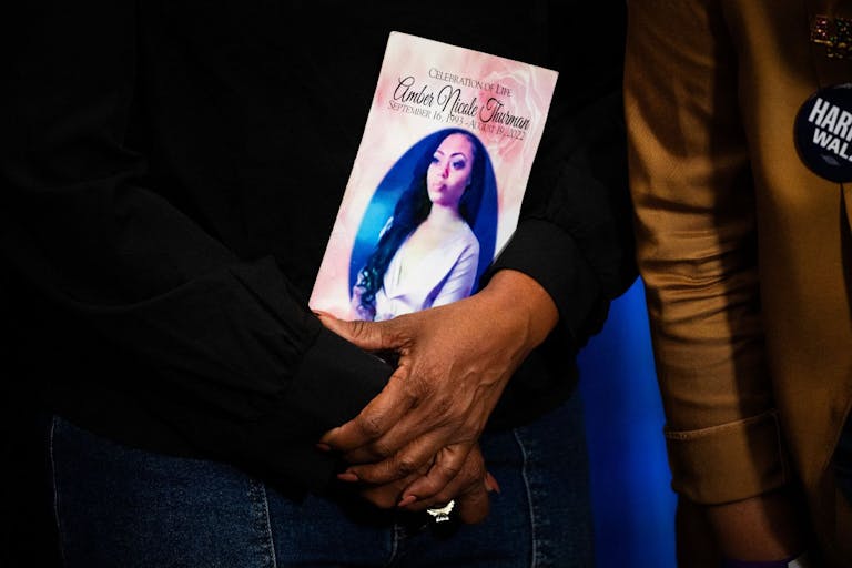 Photo by ROBERTO SCHMIDT/AFP via Getty Images Shanette Williams, the mother of Amber Nicole Thurman, who ProPublica reported died in 2022 from a treatable infection due to delays to her medical care stemming from Georgia's restrictive abortion law, holds a photo of her daughter as she meets with US Vice President and Democratic presidential candidate Kamala Harris backstage, before Harris was due to speak during a campaign rally at Shell Energy Stadium in Houston, Texas, on October 25, 2024.