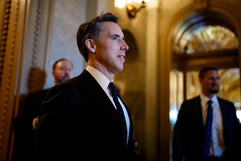 Photo by Andrew Harnik/Getty Images WASHINGTON, DC - OCTOBER 1: Sen. Josh Hawley (R-MO) walks out of the Senate Chamber of the U.S. Capitol Building on October 1, 2025 in Washington, DC. The government shut down early Wednesday after Congress failed to reach a funding deal.