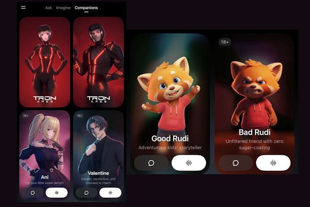 Screenshot: Grok AI 'Companion' Chatbots screenshot - Tron, Ani, Valentine, Good Rudi, Bad Rudi chatbots