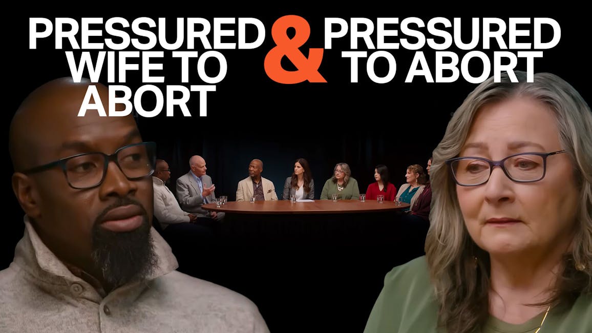 man and woman looking sadly at each other, caption: pressured wife to abort & pressured to abort