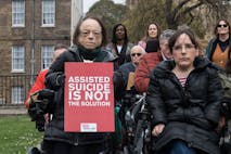 LONDON, UNITED KINGDOM - MARCH 24, 2025: Actress Liz Carr (L) and disabled people who oppose assisted dying demonstrate outside the Houses of Parliament as Kim Leadbeater's Assisted Dying Bill enters the final week of its committee stage in London, United Kingdom on March 24, 2025.