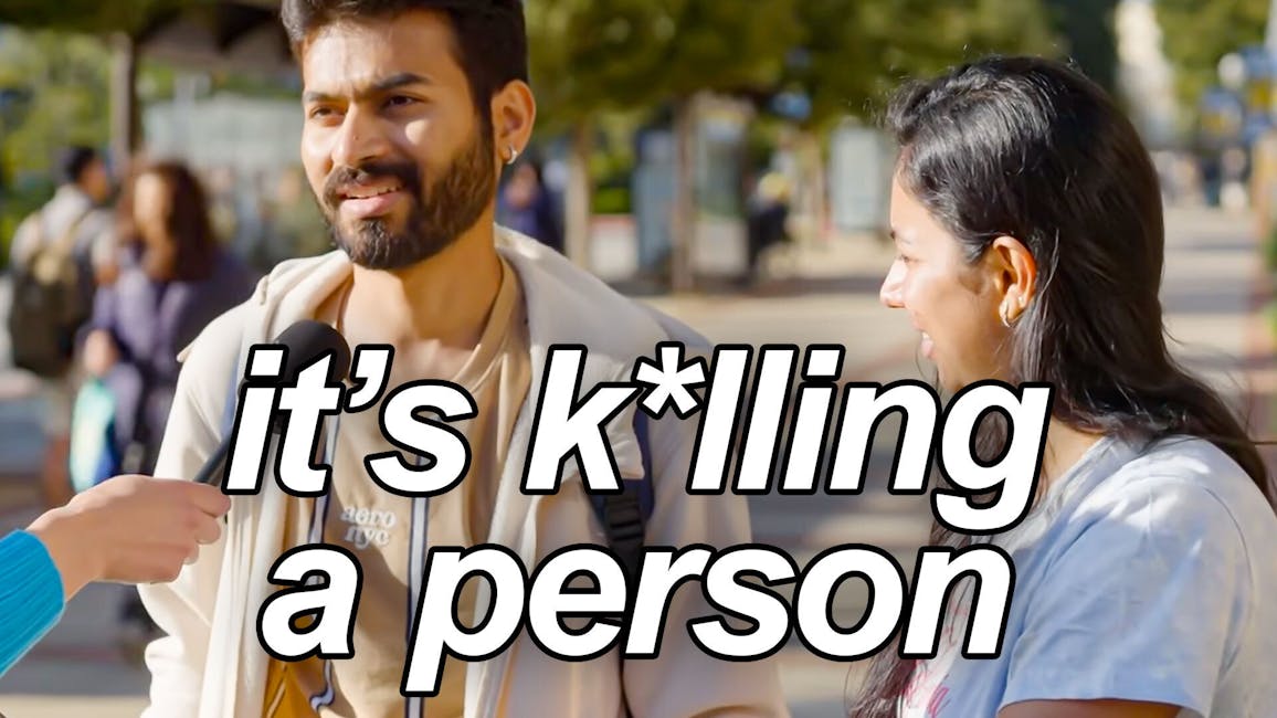 man and woman being interviewed, caption: It's killing a person