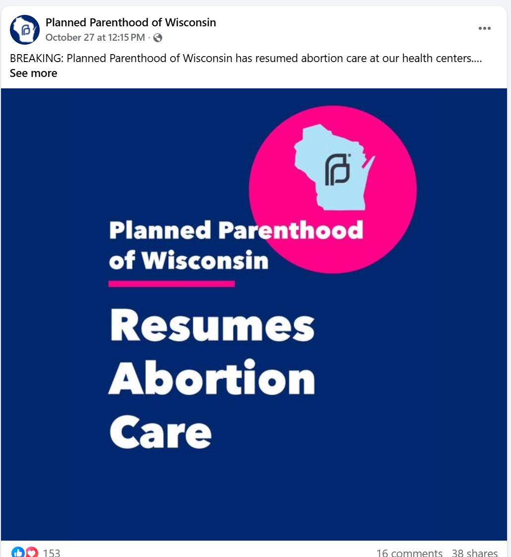 Planned Parenthood of Wisconsin Resumes Abortion (Image: PPWI Facebook)