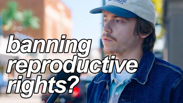 white man in baseball cap and denim jacket, caption: Banning reproductive rights?