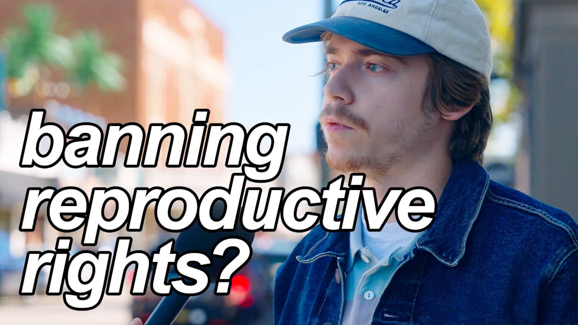 white man in baseball cap and denim jacket, caption: Banning reproductive rights?