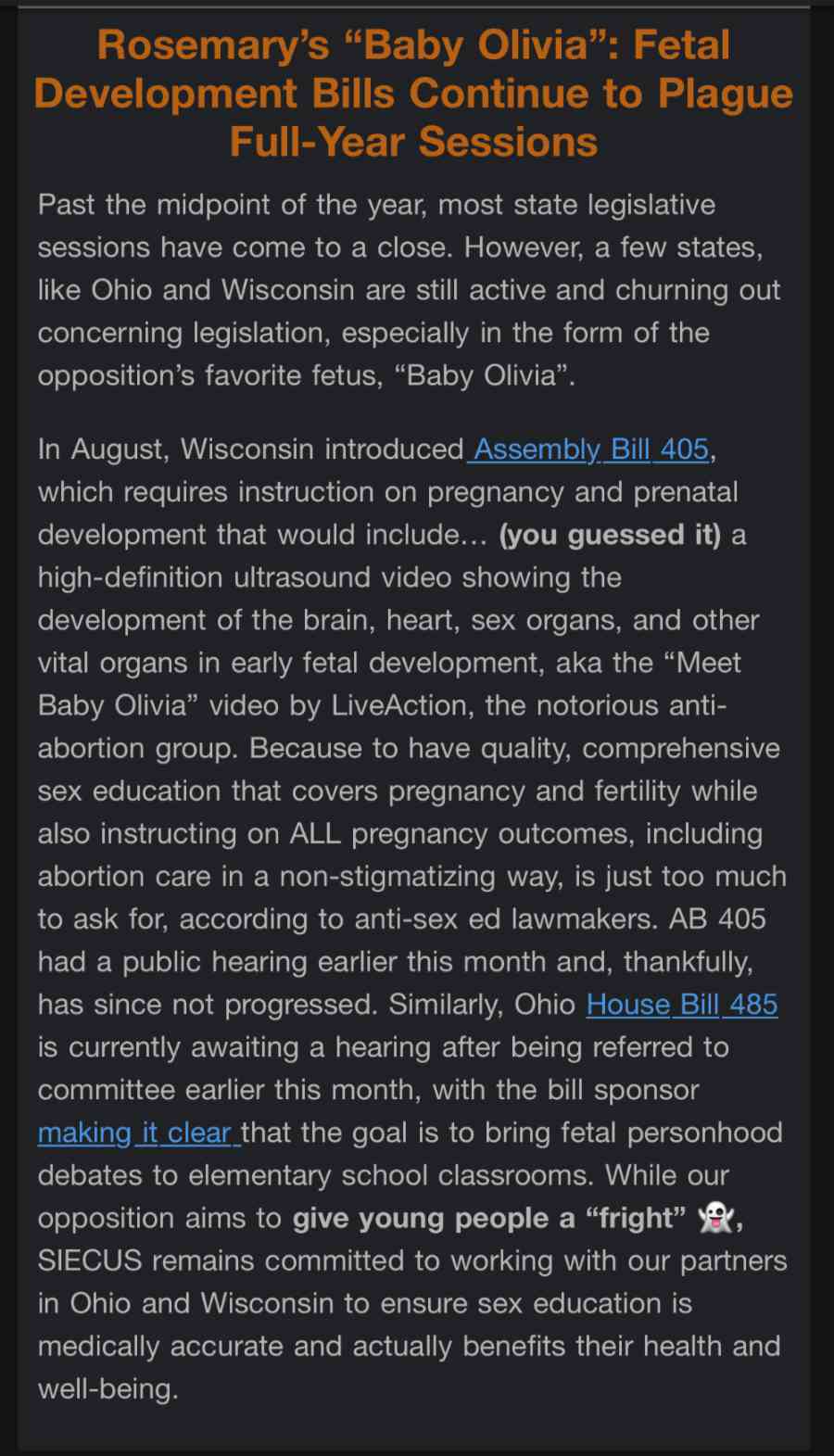 screenshot of SIECUS email portraying Baby Olivia as a "fright" like the movie Rosemary's Baby