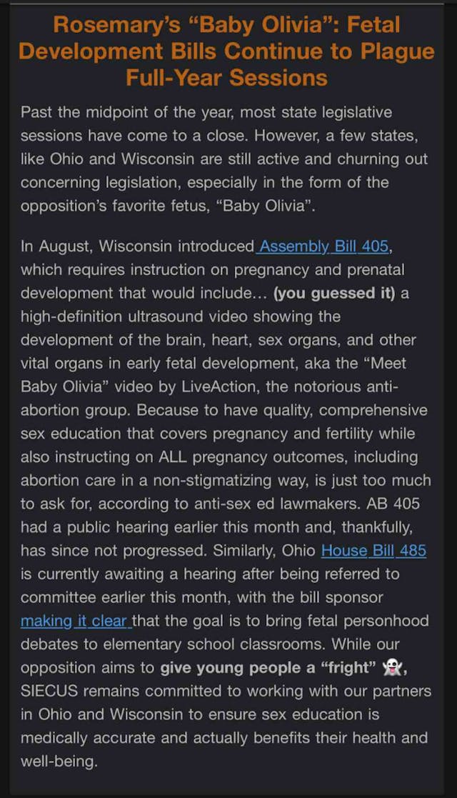 Screenshot: SIECUS email "Rosemary's 'Baby Olivia'" dated 10/28/25 screenshot of SIECUS email portraying Baby Olivia as a "fright" like the movie Rosemary's Baby