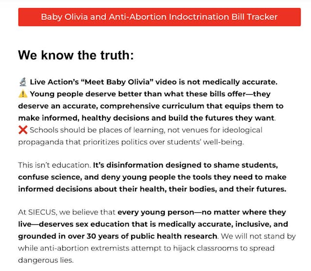 Screenshot: SIECUS.org website - claims about Baby Olivia https://siecus.org/stop-anti-abortion-indoctrination-in-schools/