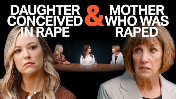 two women facing each other, caption: daughter conceived in rape and mother who was raped