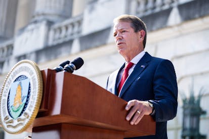 UNITED STATES - JULY 8: Nebraska Governor Jim Pillen speaks during a news conference to announce the National Farm Security Action Plan and "discuss actions being taken to protect American agriculture from foreign threats," outside the USDA Whitten Building on Tuesday, July 8, 2025.