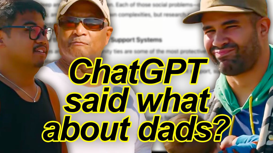 three men facing each other, caption: ChatGPT said what about dads?