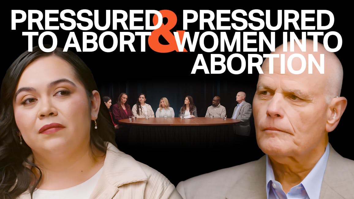 woman and man facing each other, caption: pressured to abort and pressured women into abortion