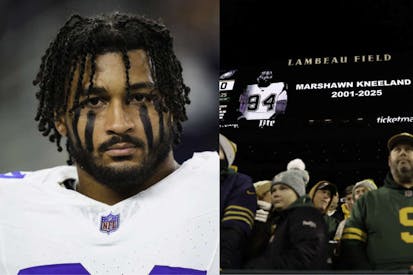 Photos: Cooper Neill (L); Michael Reaves (R)/Getty Images GREEN BAY, WISCONSIN - NOVEMBER 10: A moment of silence is held for Marshawn Kneeland prior to the game between the Philadelphia Eagles and the Green Bay Packers at Lambeau Field on November 10, 2025 in Green Bay, Wisconsin. (Photo by Michael Reaves/Getty Images)