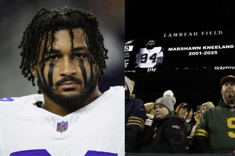 Photos: Cooper Neill (L); Michael Reaves (R)/Getty Images GREEN BAY, WISCONSIN - NOVEMBER 10: A moment of silence is held for Marshawn Kneeland prior to the game between the Philadelphia Eagles and the Green Bay Packers at Lambeau Field on November 10, 2025 in Green Bay, Wisconsin. (Photo by Michael Reaves/Getty Images)