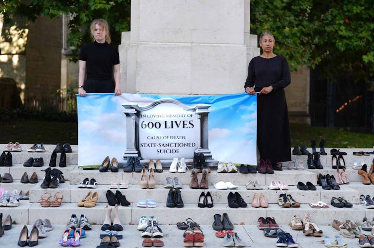 Campaigners in opposition of the Assisted Dying Bill, from Families Against Involuntary Medical Euthanasia (F.A.I.M.E), stage a demonstration outside the Houses of Parliament, London, as the House of Lords is having its second day of the Second Reading debate for the Bill. Picture date: Friday September 19, 2025.