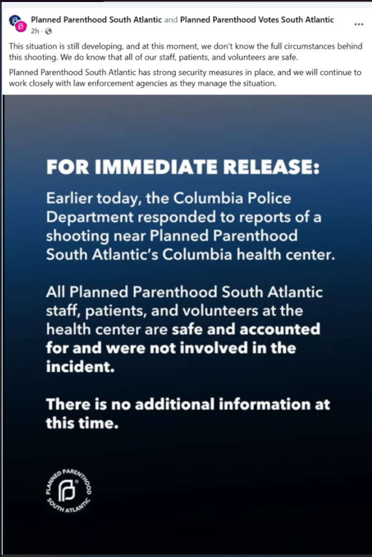 Planned Parenthood South Atlantic Facebook Response to Shooting Incident