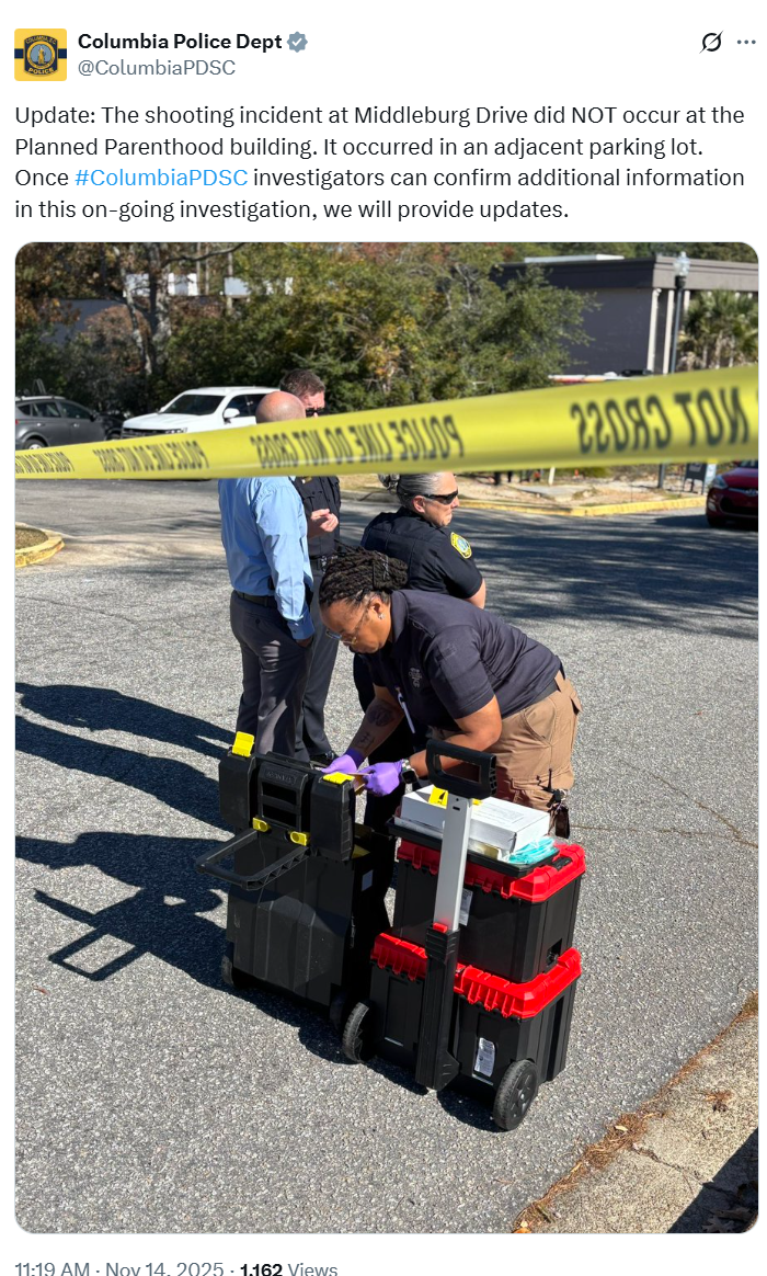 Shooting near South Carolina Planned Parenthood Updated Columbia Police Dept (Image: Twitter X)