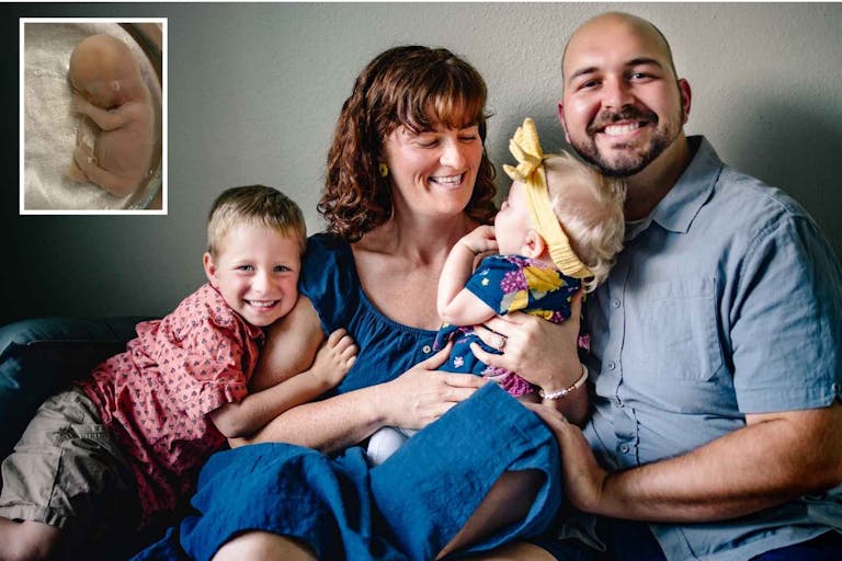 Photos courtesy of the Keller family The images shows the Keller family: Mother and father holding baby girl and a young son next to them. In the corner is an image of their son Leo who was miscarried at 12 weeks.