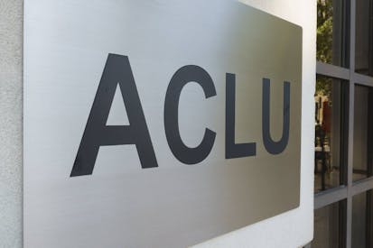 WASHINGTON, DC - MAY 26: A sign is displayed outside of the (ACLU) American Civil Liberties Union Washington Legislative Office on May 26, 2025 in Washington, DC.