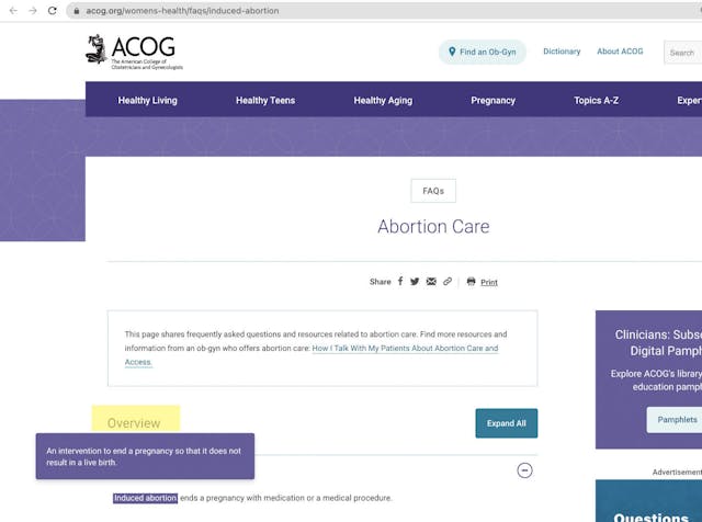 ACOG website screenshot “induced abortion” – 7/20/22 Why FactCheck.org’s fact check on ‘medically necessary abortions’ is problematic image