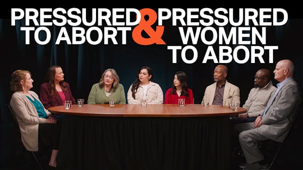 panel of eight men and women sitting around a table, caption: pressured to abort and pressured women to abort
