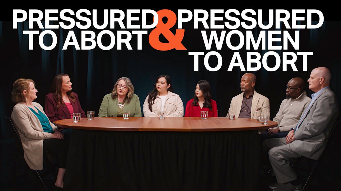 panel of eight men and women sitting around a table, caption: pressured to abort and pressured women to abort