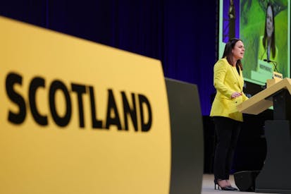 ABERDEEN, SCOTLAND - OCTOBER 13: Deputy First Minister Kate Forbes addresses delegates during the 91st SNP conference on October 13, 2025 in Aberdeen, Scotland. The SNP membership has backed John Swinney's bid to use next year's Holyrood election as a de facto ballot on Scottish Independence. If they win a majority of seats, he will call for a second referendum on Scottish Indepence.