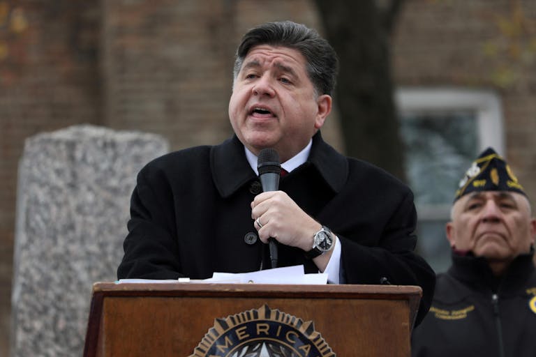 Photo: Abel Uribe/Getty Images CHICAGO, ILLINOIS - NOVEMBER 11: Illinois Gov. JB Pritzker delivers a short speech during a Veterans Day ceremony at Little Village's Manuel Perez Jr. Memorial Plaza on November 11, 2025 in Chicago, Illinois. After being criticized for a photo-op with other federal immigration agents in downtown Chicago on November 10th, Gregory Bonino, the top Border Patrol official leading the charge on the Trump administration's immigration crackdown in Chicago, invited the governor to Little Village.