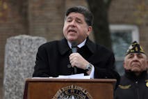 CHICAGO, ILLINOIS - NOVEMBER 11: Illinois Gov. JB Pritzker delivers a short speech during a Veterans Day ceremony at Little Village's Manuel Perez Jr. Memorial Plaza on November 11, 2025 in Chicago, Illinois. After being criticized for a photo-op with other federal immigration agents in downtown Chicago on November 10th, Gregory Bonino, the top Border Patrol official leading the charge on the Trump administration's immigration crackdown in Chicago, invited the governor to Little Village.