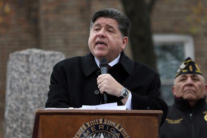 CHICAGO, ILLINOIS - NOVEMBER 11: Illinois Gov. JB Pritzker delivers a short speech during a Veterans Day ceremony at Little Village's Manuel Perez Jr. Memorial Plaza on November 11, 2025 in Chicago, Illinois. After being criticized for a photo-op with other federal immigration agents in downtown Chicago on November 10th, Gregory Bonino, the top Border Patrol official leading the charge on the Trump administration's immigration crackdown in Chicago, invited the governor to Little Village.