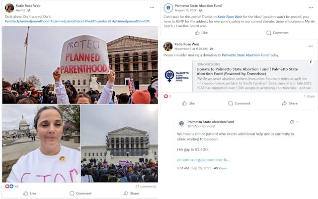 Palmetto State Abortion Fund volunteer Katie Rose Weir (Images: Facebook and Twitter "X")
