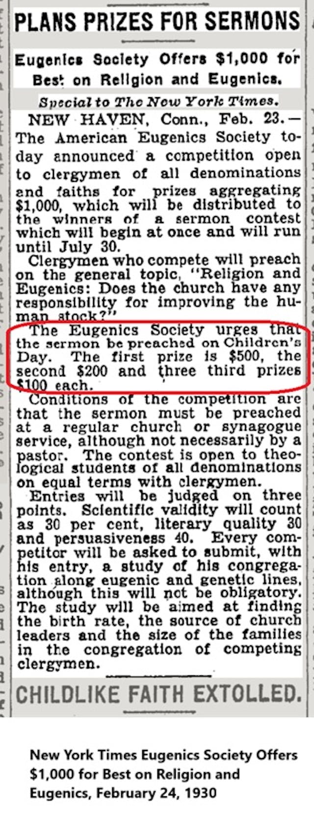 Image: New York Times Eugenics Society urging Children's Sermons