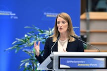 Photo: Dursun Aydemir/Anadolu via Getty Images BRUSSELS, BELGIUM - NOVEMBER 19: European Parliament (EP) President Roberta Metsola delivers a speech during EU Parliamentary Democracy Forum in Brussels, Belgium on November 19, 2025.