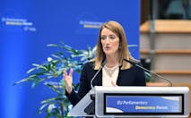 BRUSSELS, BELGIUM - NOVEMBER 19: European Parliament (EP) President Roberta Metsola delivers a speech during EU Parliamentary Democracy Forum in Brussels, Belgium on November 19, 2025.
