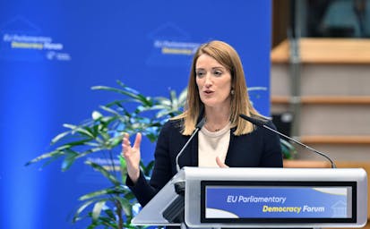 BRUSSELS, BELGIUM - NOVEMBER 19: European Parliament (EP) President Roberta Metsola delivers a speech during EU Parliamentary Democracy Forum in Brussels, Belgium on November 19, 2025.