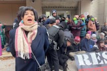 Photo: Progressive Anti-Abortion Uprising The image shows Terissa Bukovinac, founder of Progressive Anti-Abortion Uprising, being arrested outside of Planned Parenthood in Memphis with several other activists behind her.